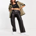 Pull & Bear faux leather contrast stitching mid waist straight leg pants in black (part of a set)