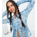 COLLUSION blurred floral print mesh shirt in aqua-Blue