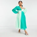 ASOS DESIGN dobby twist front pleated midi dress in green colourblock-Multi