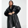 QED London Plus faux leather longline coat with faux fur collar and cuffs in black