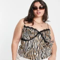Wednesday's Girl Curve zebra print lace trim satin cami top in multi (part of a set)-Navy