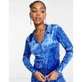 Monki crushed velvet polo top in blue (part of a set)