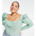 ASOS DESIGN Curve long sleeve puff shoulder top with corset bodice in sage-Green
