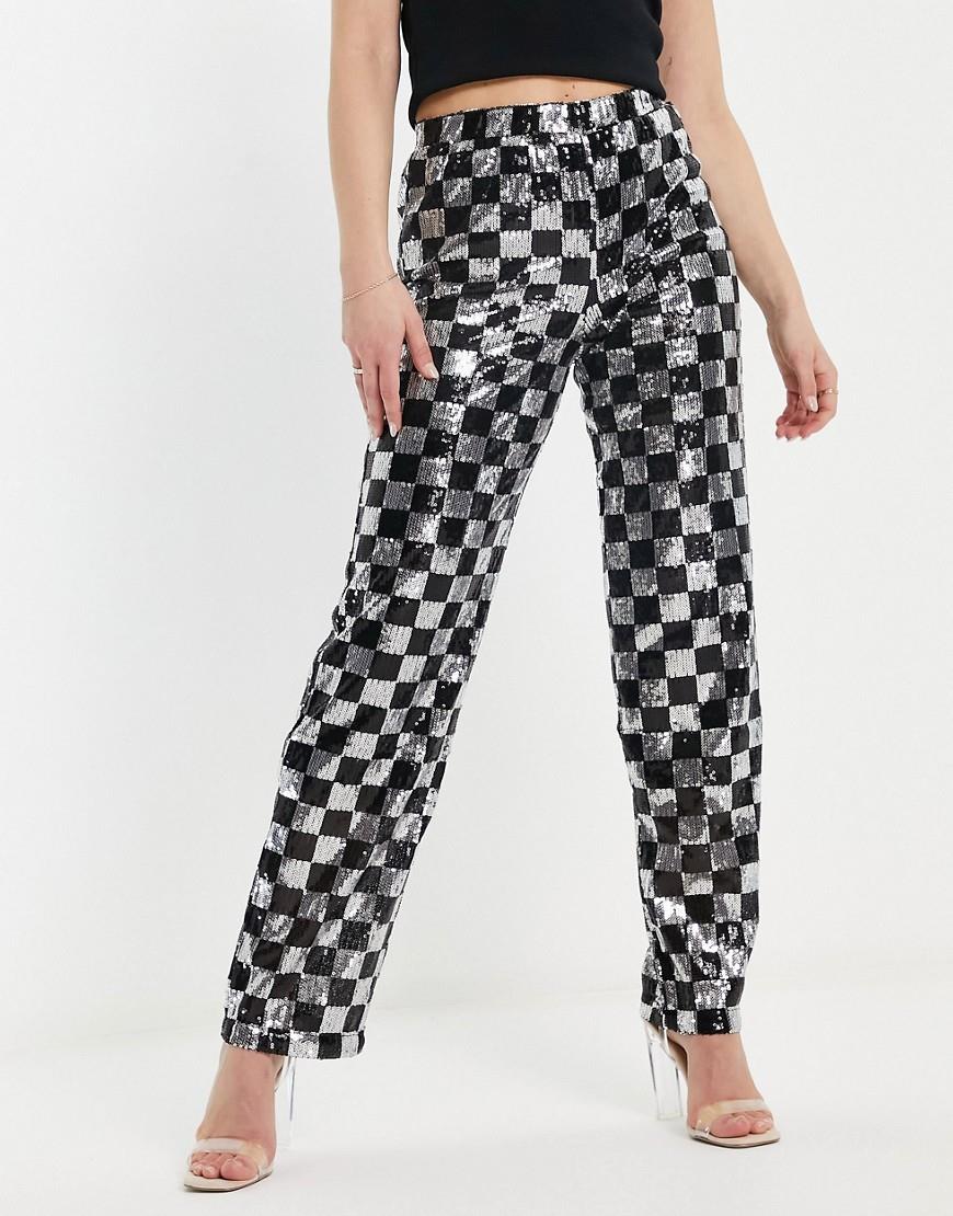 Noisy May straight leg pants in sequin checkerboard (part of a set)-Black