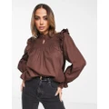 Vero Moda shirred high neck blouse in brown-Multi