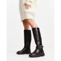 River Island quilted buckle high leg boots in black
