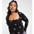 ASOS DESIGN Curve square neck top with red floral embroidery in black