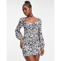Pull & Bear long sleeve printed mini dress with ruched detail in pink