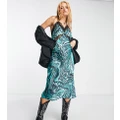 Reclaimed Vintage Inspired satin midi slip dress with lace detail in animal print-Green