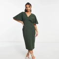 ASOS DESIGN Petite pleated blouson midi dress in khaki-Green