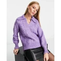 Y.A.S cable knit v neck jumper with cuff detail in lilac-Purple