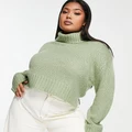 Brave Soul Plus cattio boxy cropped roll-neck jumper in sage-Green