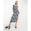 JDY exclusive lace trim midi dress with side split in blue ditsy floral
