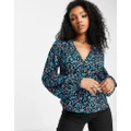 Y.A.S Selma long sleeve v neck wrap ditsy print top in blue-Multi