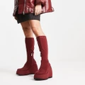 Shellys London wedge knee boots in red stretch scuba