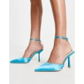 London Rebel ankle strap pointed stiletto heeled shoes in blue satin-Green