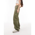 Topshop workwear straight leg pants with fold over waistband detail in khaki-Green