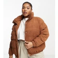 Brave Soul Plus Slay cord puffer jacket in tan-Brown