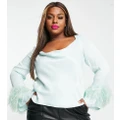 ASOS DESIGN Curve satin cowl neck top with faux feather trim sleeves in pale blue-Multi
