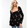 ASOS DESIGN Maternity square neck top with red floral embroidery in black
