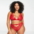 ASOS DESIGN Curve Viv lace and mesh high waisted brazilian briefs with velvet trim in red