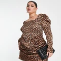 Urban Threads Plus square neck dress with volume sleeves in animal print-Brown
