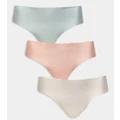 ASOS DESIGN Curve 3 pack thong in no VPL & lace in lilac, blue & blossom-Multi