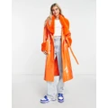 Urban Code longline PU trench coat with faux fur collar in bright orange