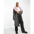 Urban Code longline houndstooth overcoat with pink faux fur collar-Black