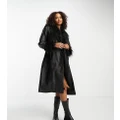 Urban Code Tall longline PU trench coat with faux shaggy fur collar in black
