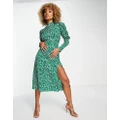 AX Paris midi dress with ruched sleeves in green animal