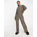ASOS DESIGN viscose leopard long sleeve top & wide leg pants pyjama set in brown