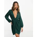 Vesper satin mini long sleeve dress in dark green