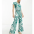 ASOS DESIGN Petite exclusive viscose floral checkerboard shirt & pants pyjama set in green