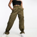 Unique21 Petite high waisted cargo pants with ankle tie in khaki-Green