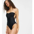 ASOS DESIGN Petite bandeau frill swimsuit in black