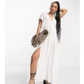 ASOS DESIGN Petite flutter sleeve maxi beach dress with channelled tie waist in white