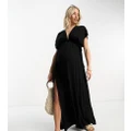 ASOS DESIGN Maternity flutter sleeve maxi beach dress with channelled tie waist in black