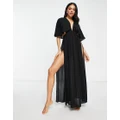 ASOS DESIGN plunge crinkle maxi cover up with splits in black