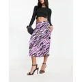 JDY exclusive side split satin midi skirt in purple animal print-Black