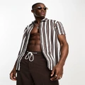 Jack & Jones Originals bold stripe short sleeve shirt in white & brown