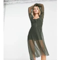 Reclaimed Vintage long sleeve mesh midi dress in khaki gingham print-Multi