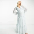 ASOS DESIGN Maternity Exclusive long sleeve skater tiered maxi dress with cut out waist and tie detail in baby blue
