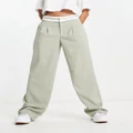 Pull & Bear fold over waistband tailored pants in sage-Green