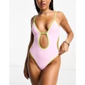 Playful Promises contrast trim swimsuit in pink and green