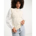 River Island hybrid cable knit broderie shirt jumper in cream-White