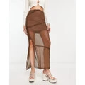 Noisy May lettuce edge detail mesh maxi skirt in brown