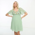 ASOS DESIGN Maternity tie back angel sleeve pleated mini dress with embroidered bust in sage green