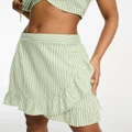 Vero Moda linen mix frill wrap mini skirt in green stripe (part of a set)