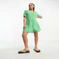 Monki button through mini dress in green meadow floral-Multi